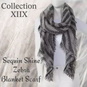 COLLECTION XIIX Monochromatic Zebra Print Sequin Accent Fringe Trim Scarf NWT